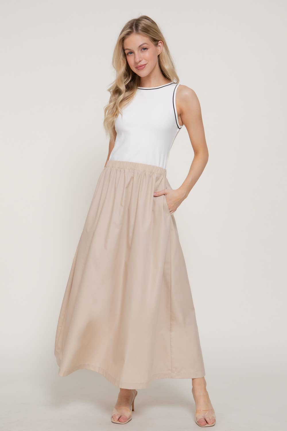 Sleeveless Piping Knit Top Contrast Woven Long Dress