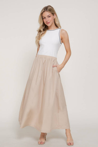 Sleeveless Piping Knit Top Contrast Woven Long Dress