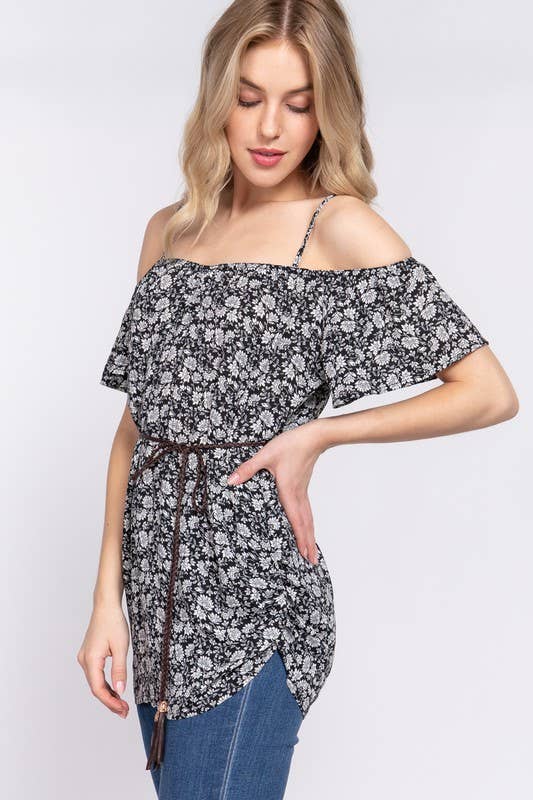 Short Sleeve Off the Shoulder Belted Woven Tunic Top