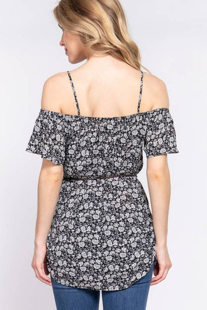 Short Sleeve Off the Shoulder Belted Woven Tunic Top