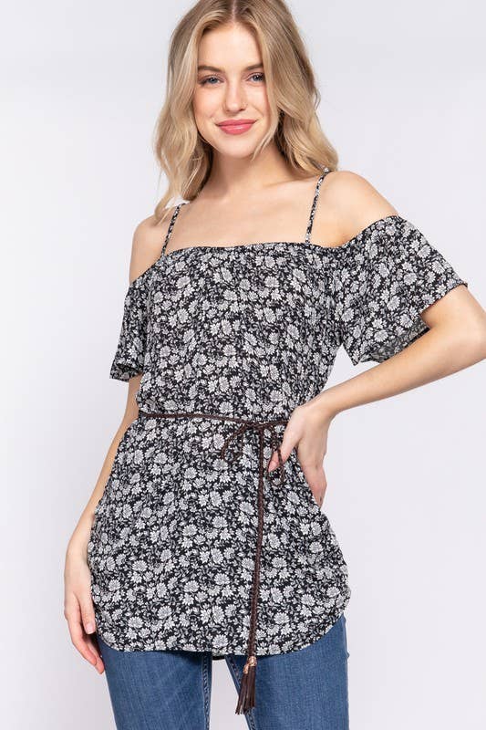 Short Sleeve Off the Shoulder Belted Woven Tunic Top