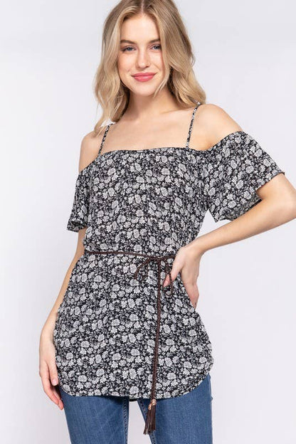 Short Sleeve Off the Shoulder Belted Woven Tunic Top