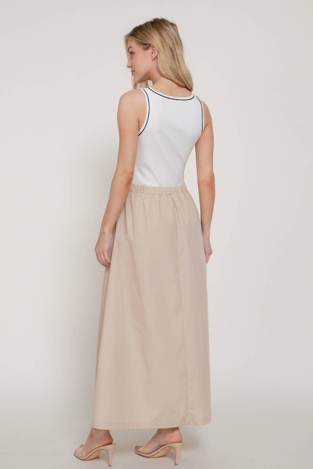 Sleeveless Piping Knit Top Contrast Woven Long Dress