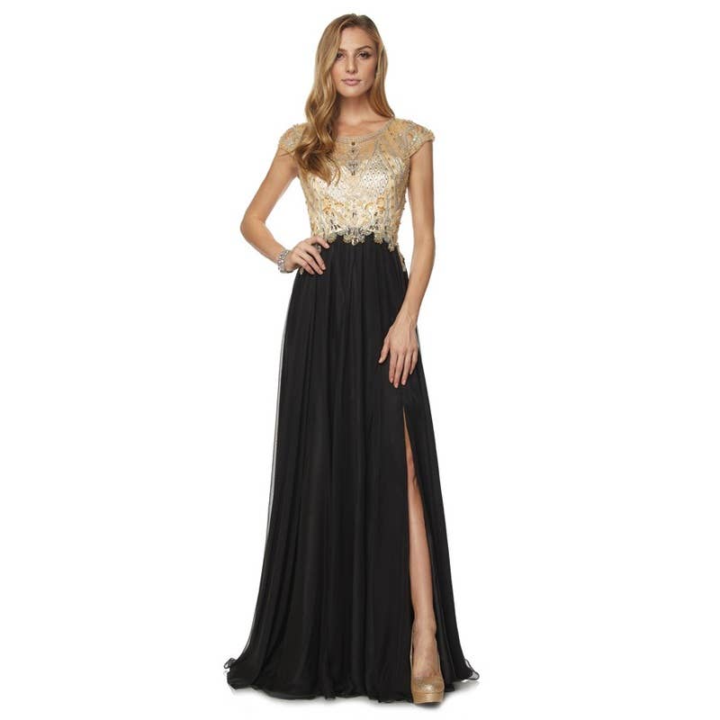 Black Beige Beaded Formal Dress