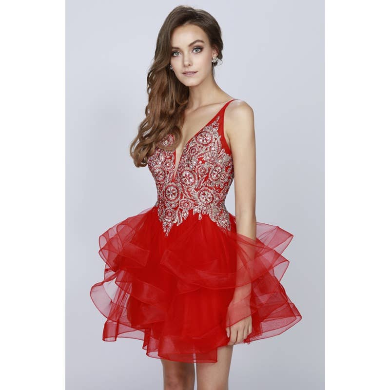 Metallic Embroidered Applique Short Formal Dress