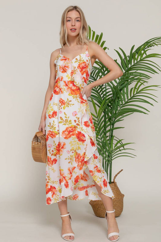 Floral Printed Ruffle Slip Midi Dress
