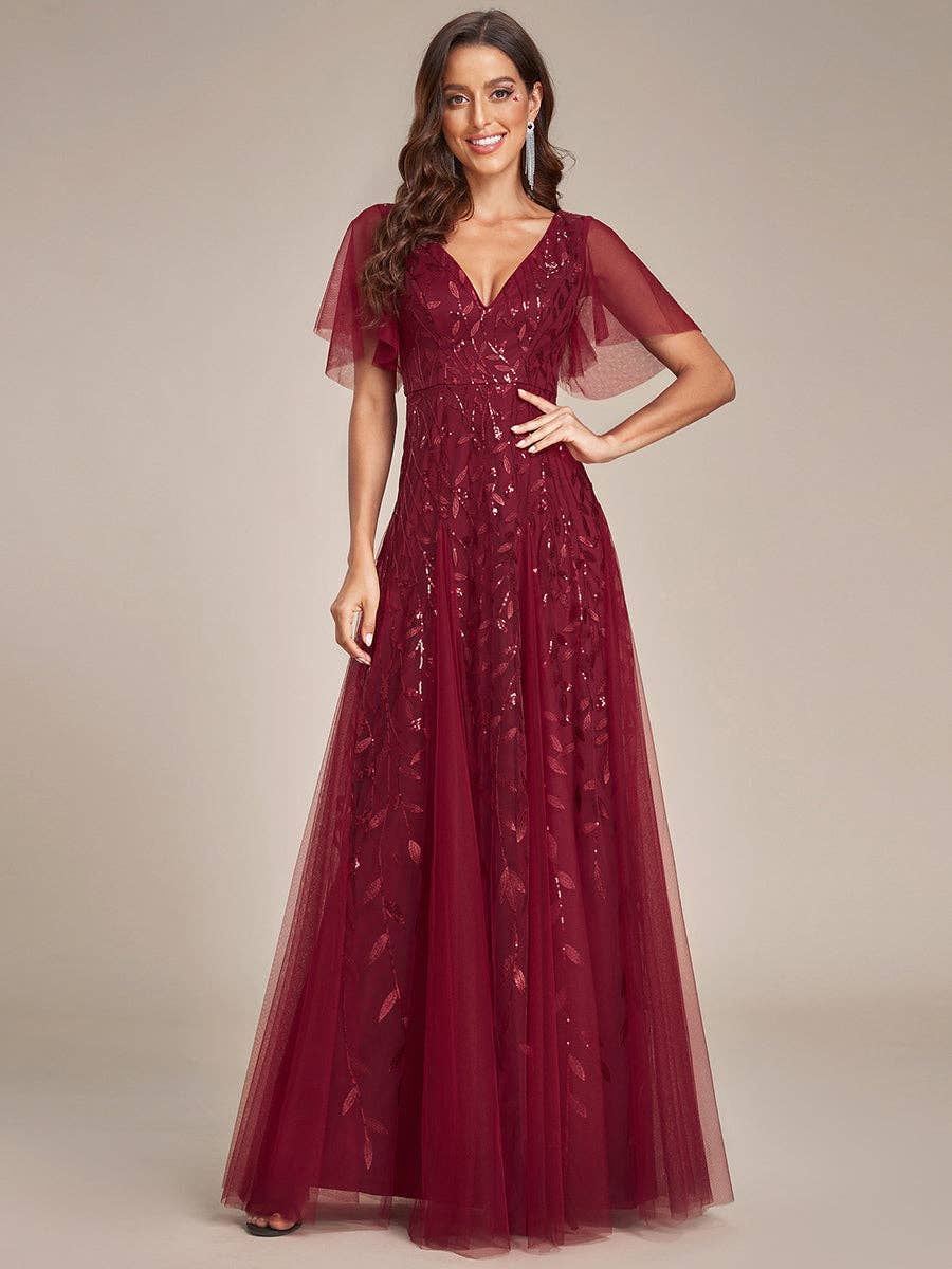 Deep V Neck Sequin Evening Gown