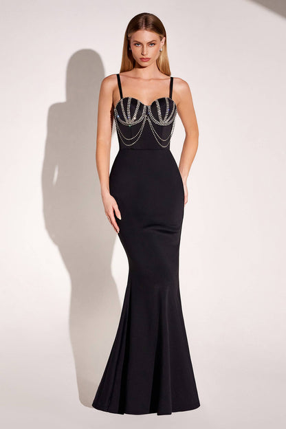 FITTED BUSTIER DRESS WITH BEADED BODICE & BACK CUT OUT