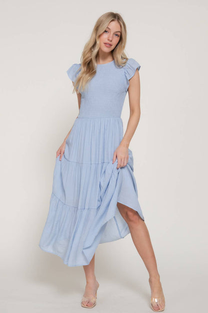 Ruffle Sleeve Crew Neck Smocked Detail Solid Tired Dress