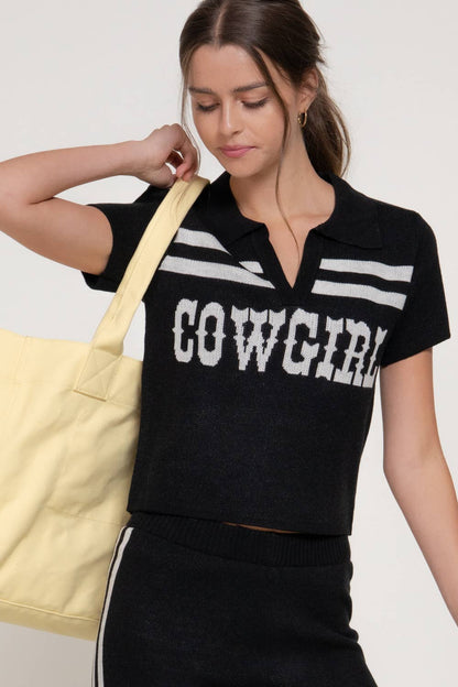 Cowgirl Front Short Sleeve polo Knit Top