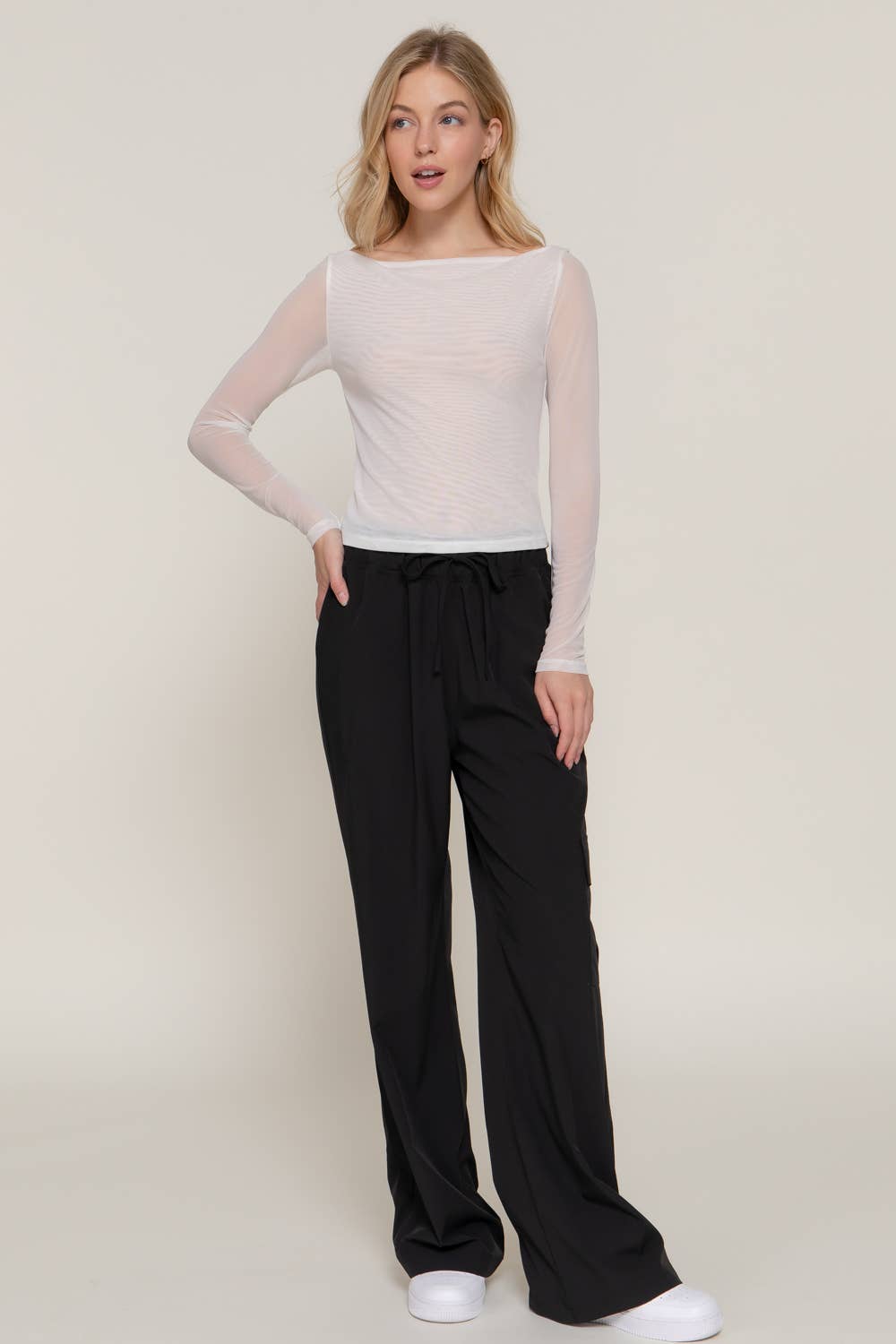Long Sleeve Boat Neck Double Layer Mesh Top
