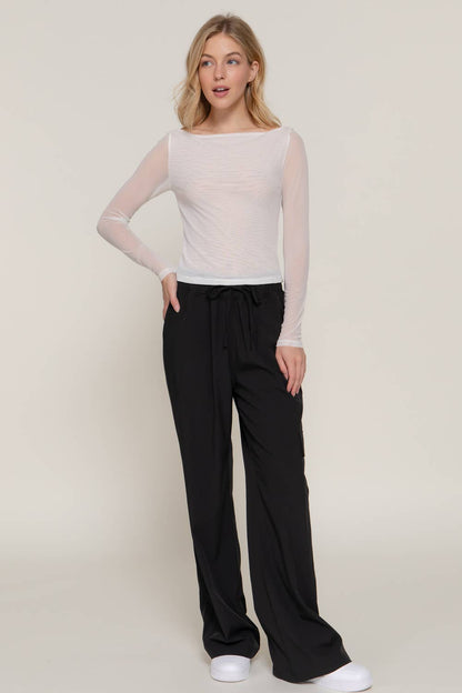 Long Sleeve Boat Neck Double Layer Mesh Top