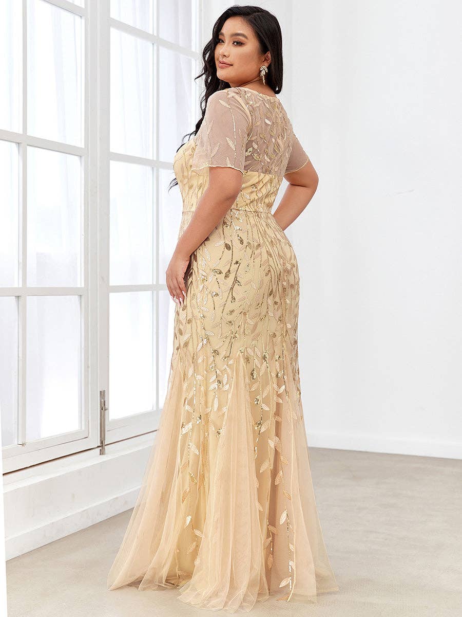 Plus Size Floral Sequin Print Fishtail Tulle Dress