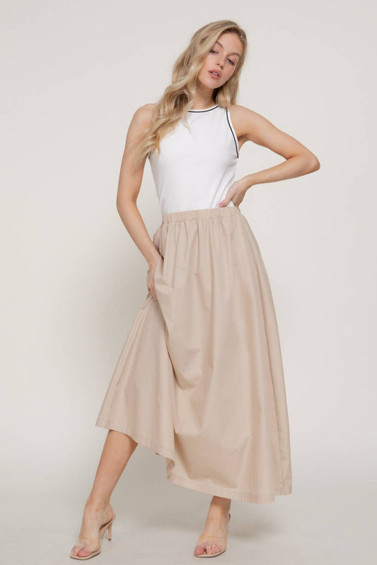 Sleeveless Piping Knit Top Contrast Woven Long Dress