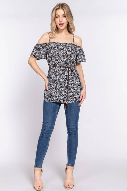 Short Sleeve Off the Shoulder Belted Woven Tunic Top